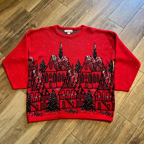 Precious Knits Women’s Vtg Christmas Sweater Red Black Silver USA Sz L/XL - Picture 8 of 11